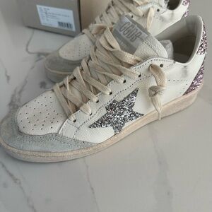 NEW Golden Goose Women's Glitter Ball Star Sneakers - Pink Silver 37